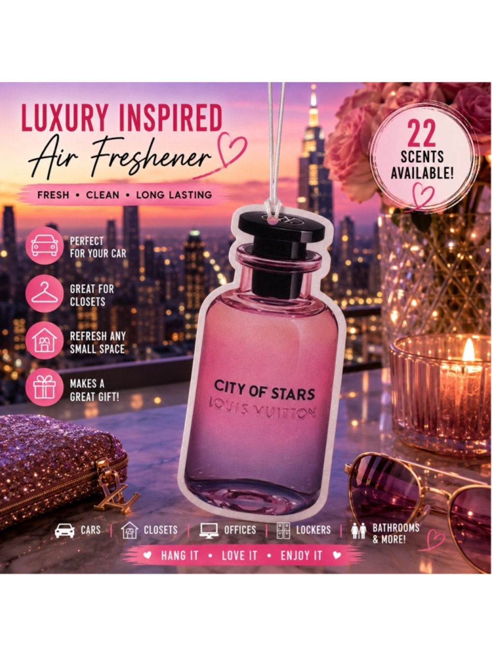 Luxury Inspired City Lights Perfume Bottle Air Freshener Freshie Car Closet Offi